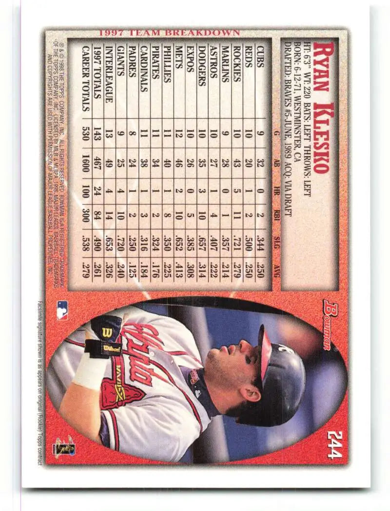 1998 Bowman #244 Ryan Klesko EX Excellent Atlanta Braves Baseball Card - Baseball Card Single