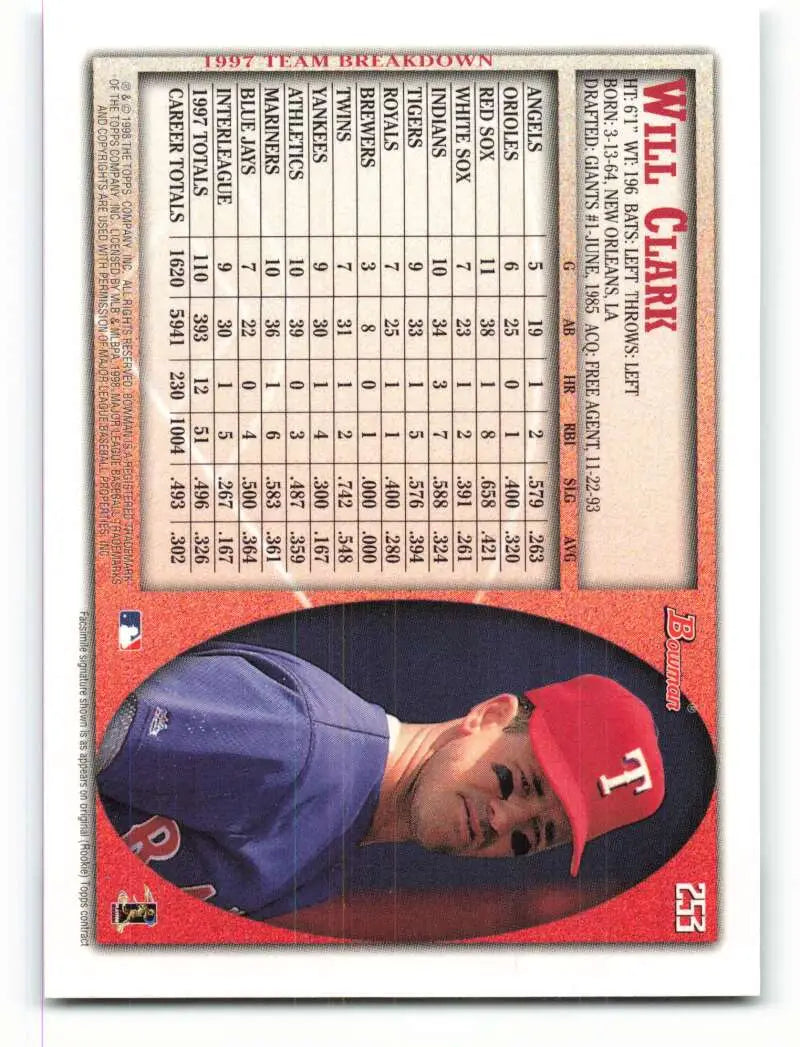 1998 Bowman #253 Will Clark EX Excellent Texas Rangers Baseball Card - Baseball Card Single