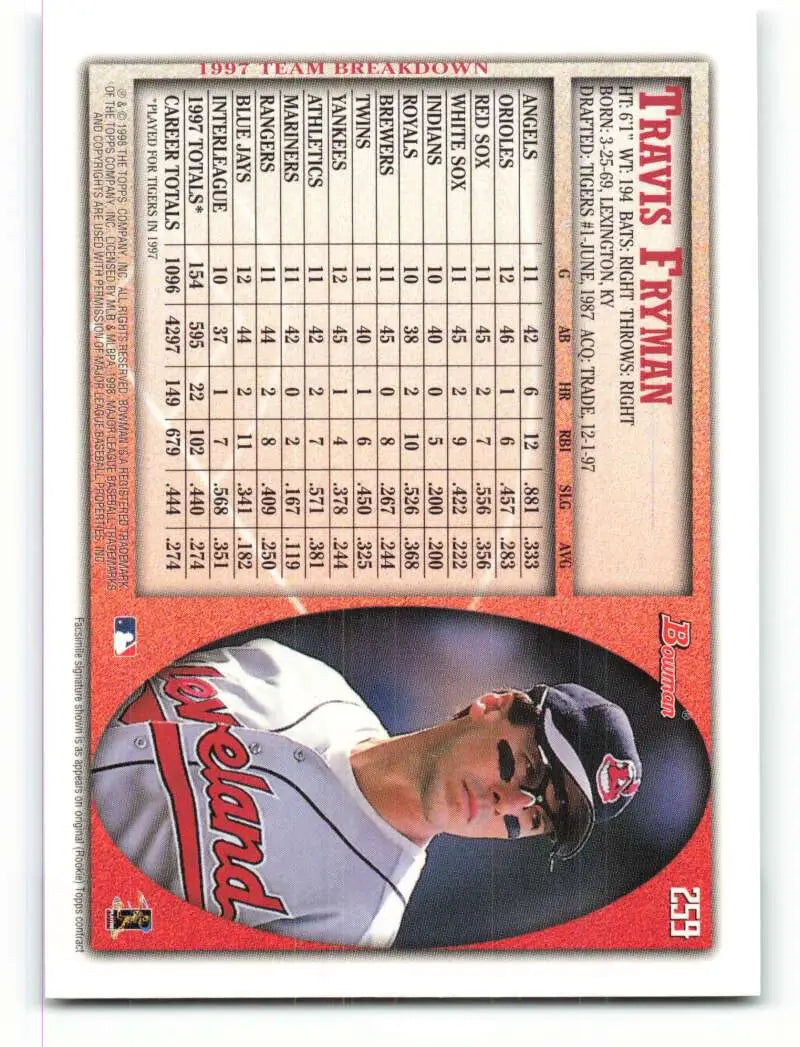 1998 Bowman #259 Travis Fryman EX Excellent Cleveland Indians Baseball Card - Baseball Card Single