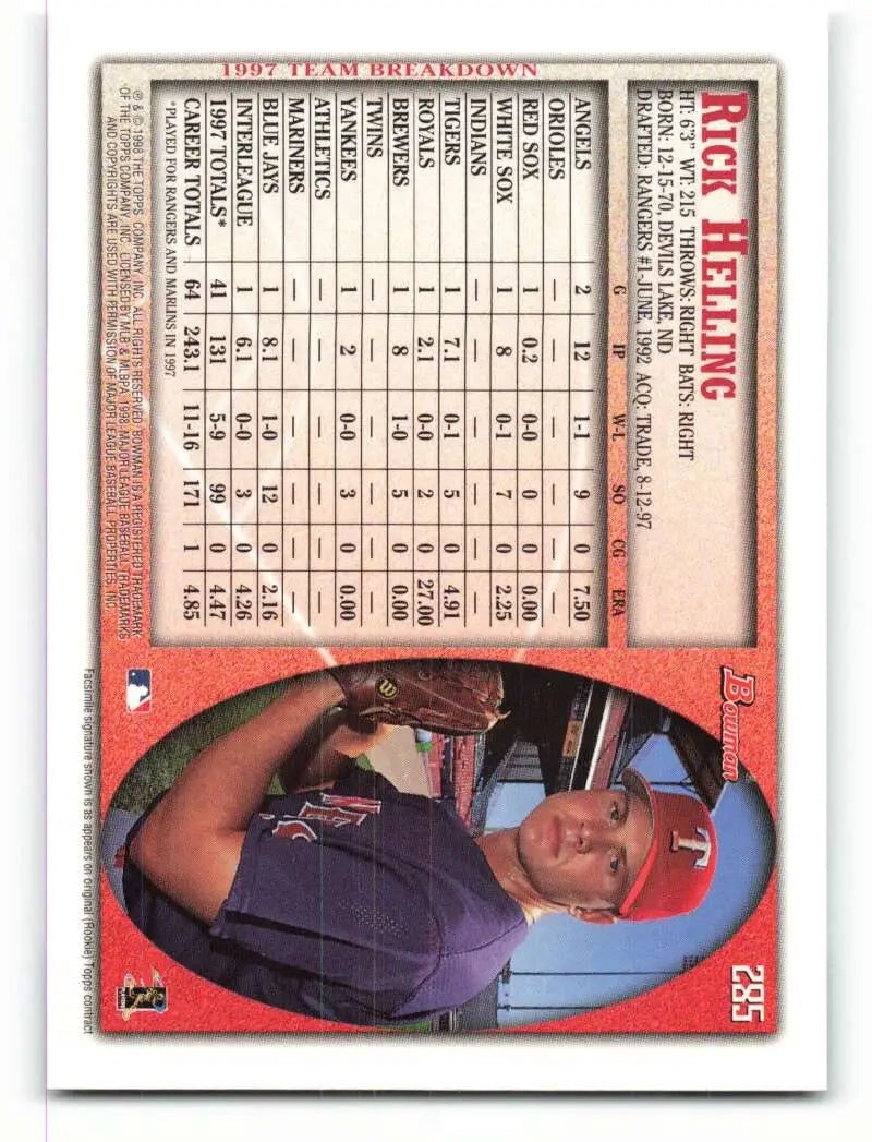 1998 Bowman #285 Rick Helling EX Excellent Texas Rangers Baseball Card - Baseball Card Single