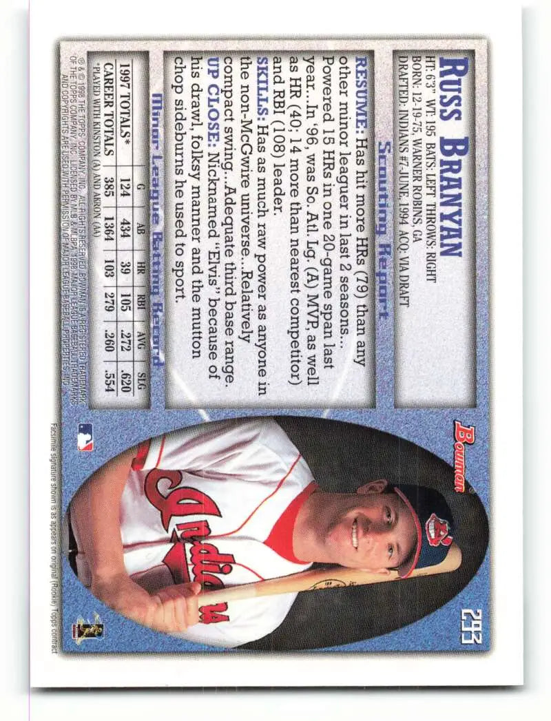 1998 Bowman #293 Russell Branyan EX Excellent Cleveland Indians Baseball Card - Baseball Card Single