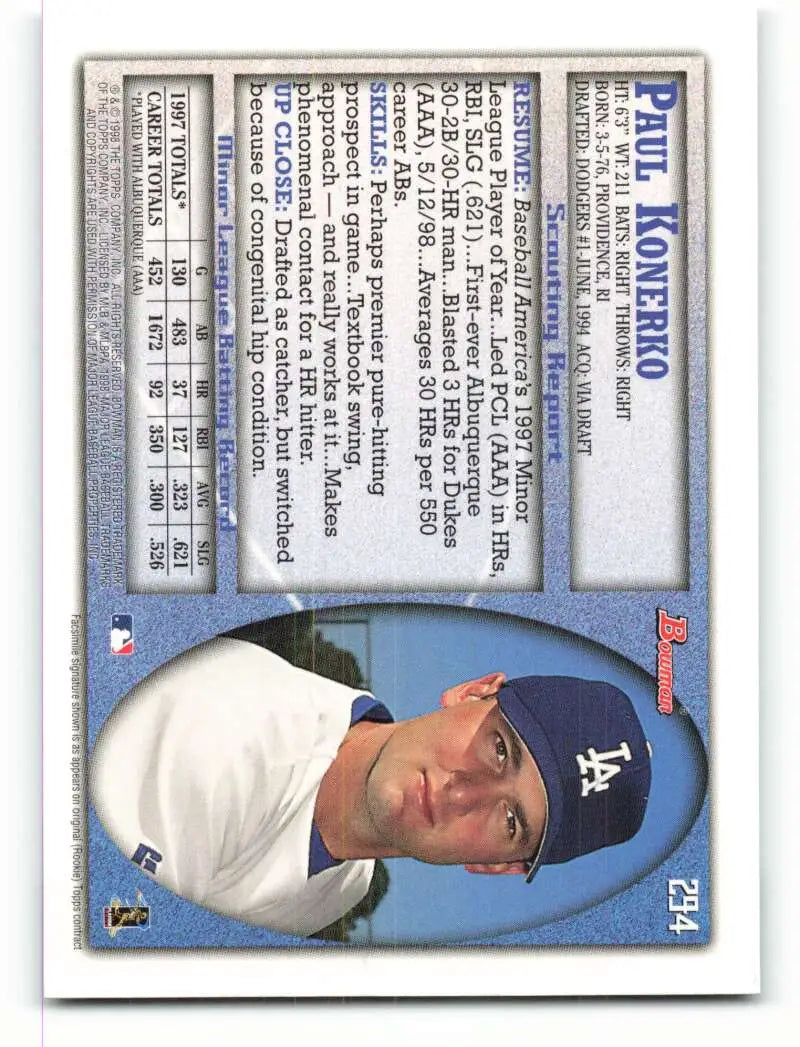 1998 Bowman #294 Paul Konerko EX Excellent Los Angeles Dodgers Baseball Card - Baseball Card Single