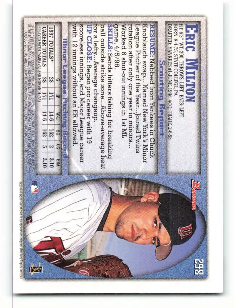 1998 Bowman #298 Eric Milton EX Excellent Minnesota Twins Baseball Card - Baseball Card Single