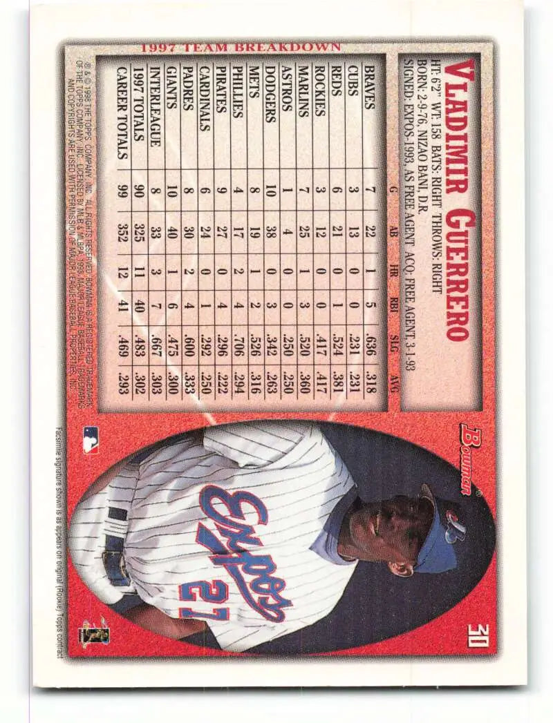 1998 Bowman #30 Vladimir Guerrero EX Excellent Montreal Expos Baseball Card - Baseball Card Single