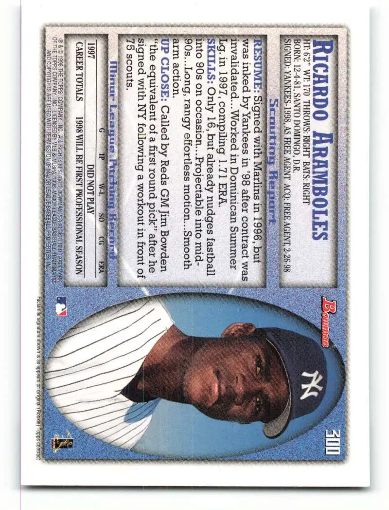 1998 Bowman #300 Ricardo Aramboles EX Excellent RC Rookie New York Yankees Baseball Card - Baseball Card Single