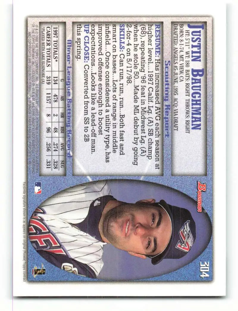 1998 Bowman #304 Justin Baughman EX Excellent RC Rookie Anaheim Angels Baseball Card - Baseball Card Single
