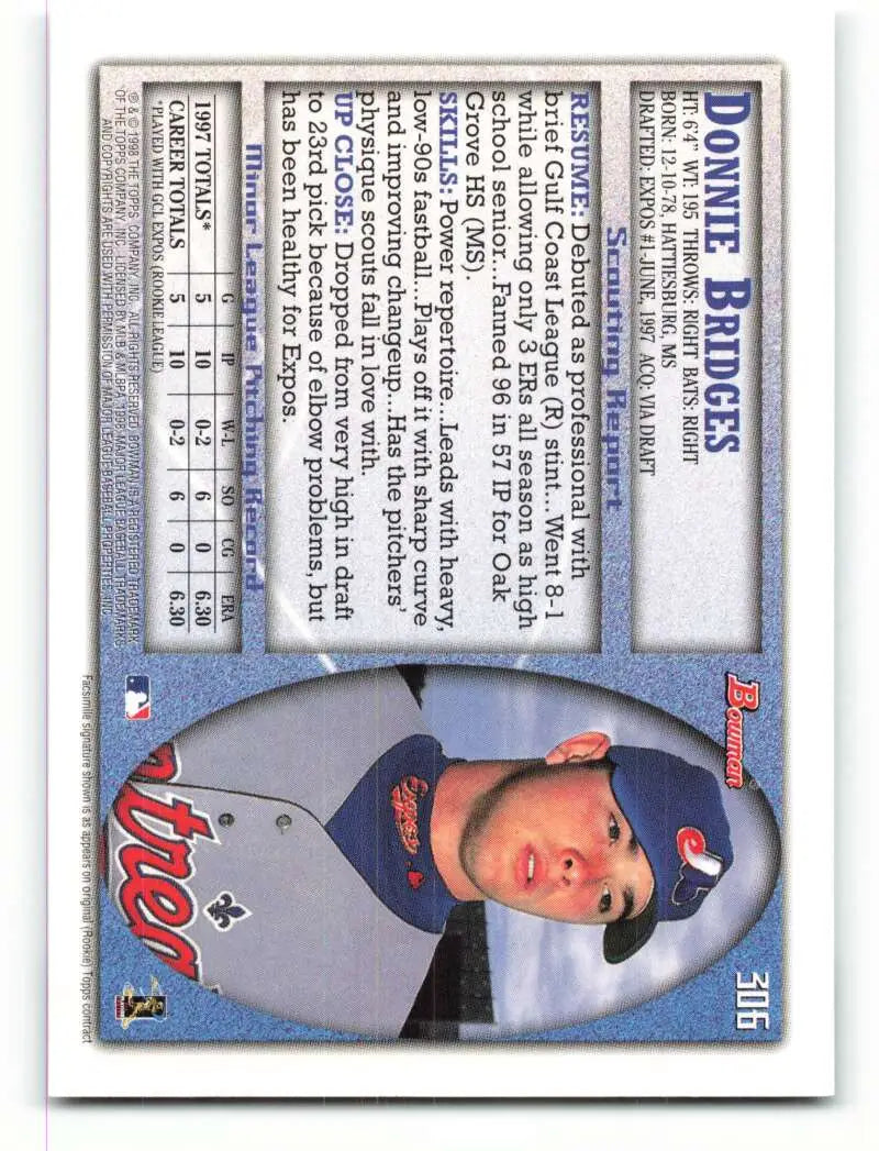 1998 Bowman #306 Donnie Bridges EX Excellent RC Rookie Montreal Expos Baseball Card - Baseball Card Single