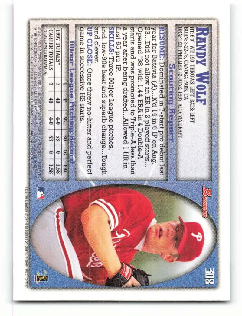 1998 Bowman #308 Randy Wolf EX Excellent RC Rookie Philadelphia Phillies Baseball Card - Baseball Card Single