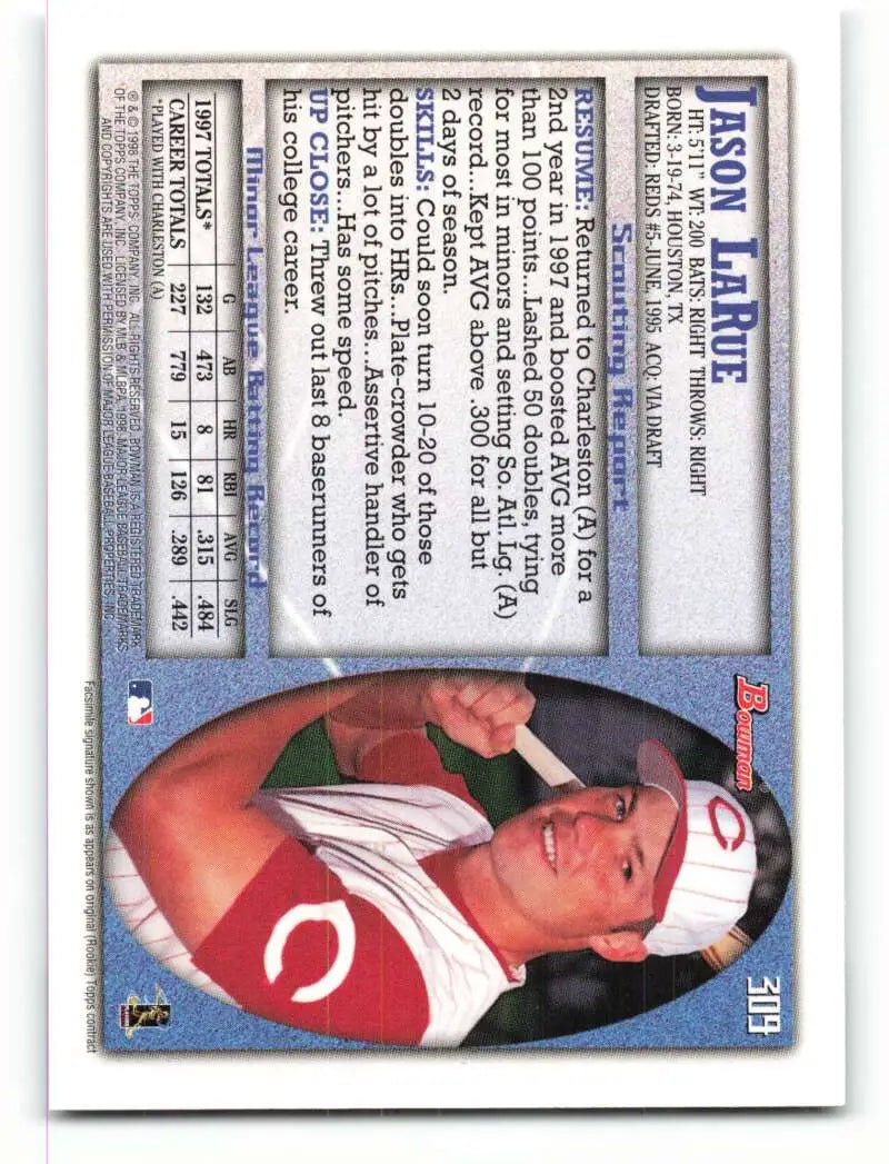 1998 Bowman #309 Jason LaRue EX Excellent RC Rookie Cincinnati Reds Baseball Card - Baseball Card Single