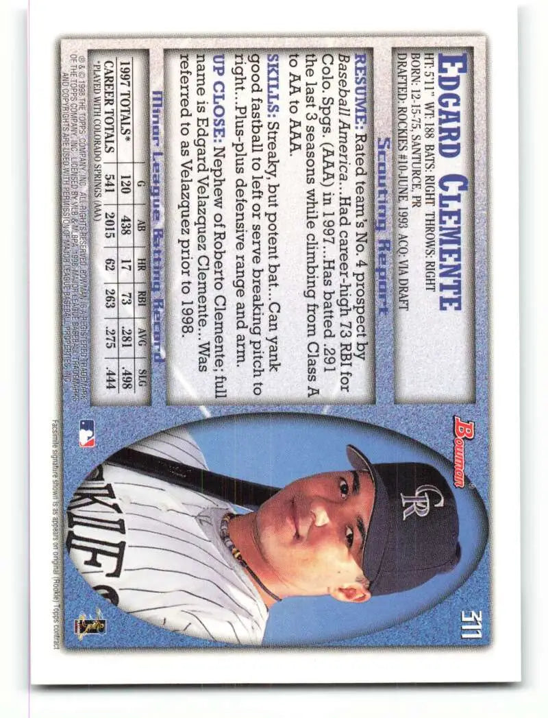 1998 Bowman #311 Edgard Clemente EX Excellent Colorado Rockies Baseball Card - Baseball Card Single