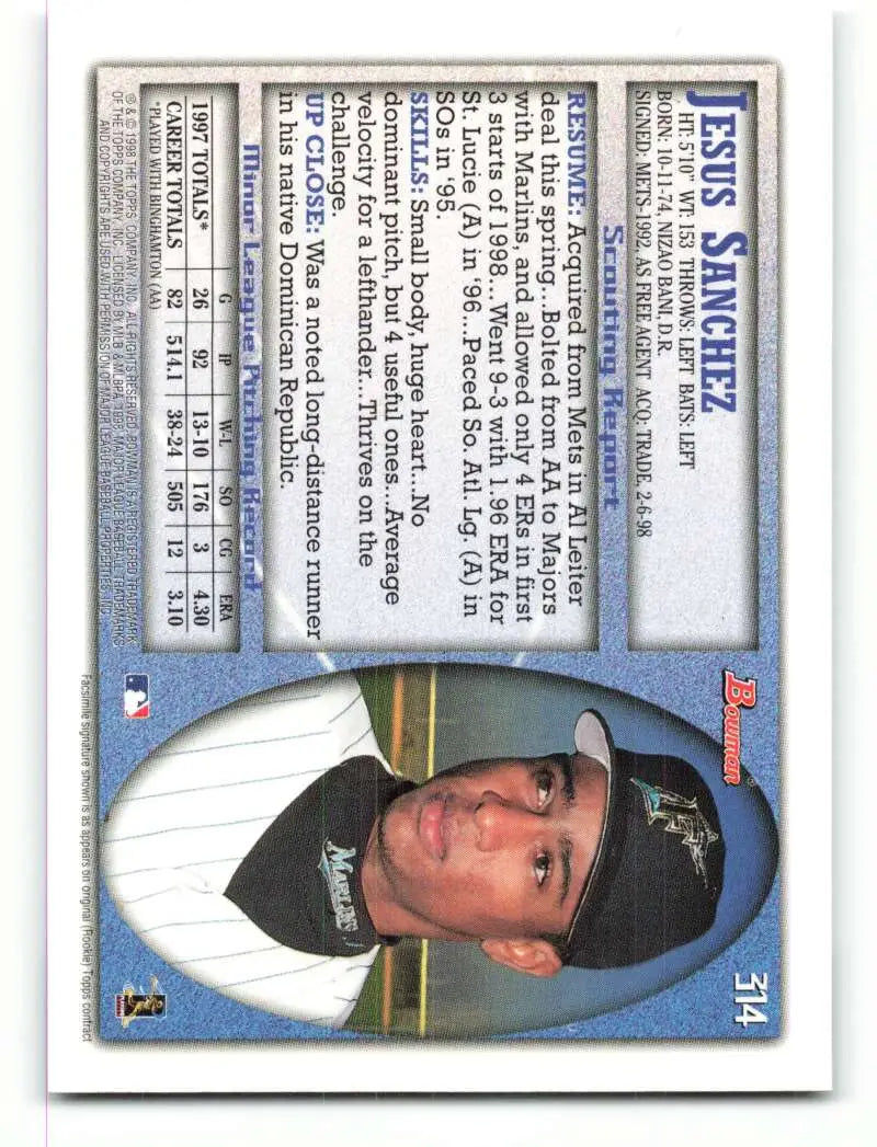 1998 Bowman #314 Jesus Sanchez EX Excellent RC Rookie Florida Marlins Baseball Card - Baseball Card Single