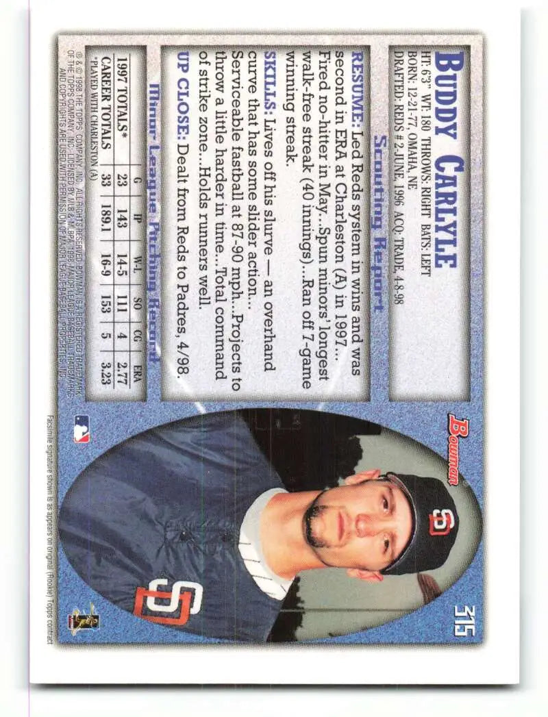 1998 Bowman #315 Buddy Carlyle EX Excellent RC Rookie San Diego Padres Baseball Card - Baseball Card Single