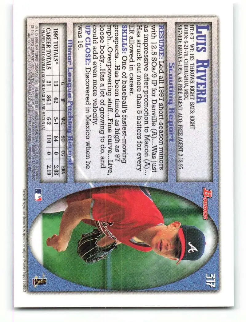 1998 Bowman #317 Luis Rivera EX Excellent RC Rookie Atlanta Braves Baseball Card - Baseball Card Single