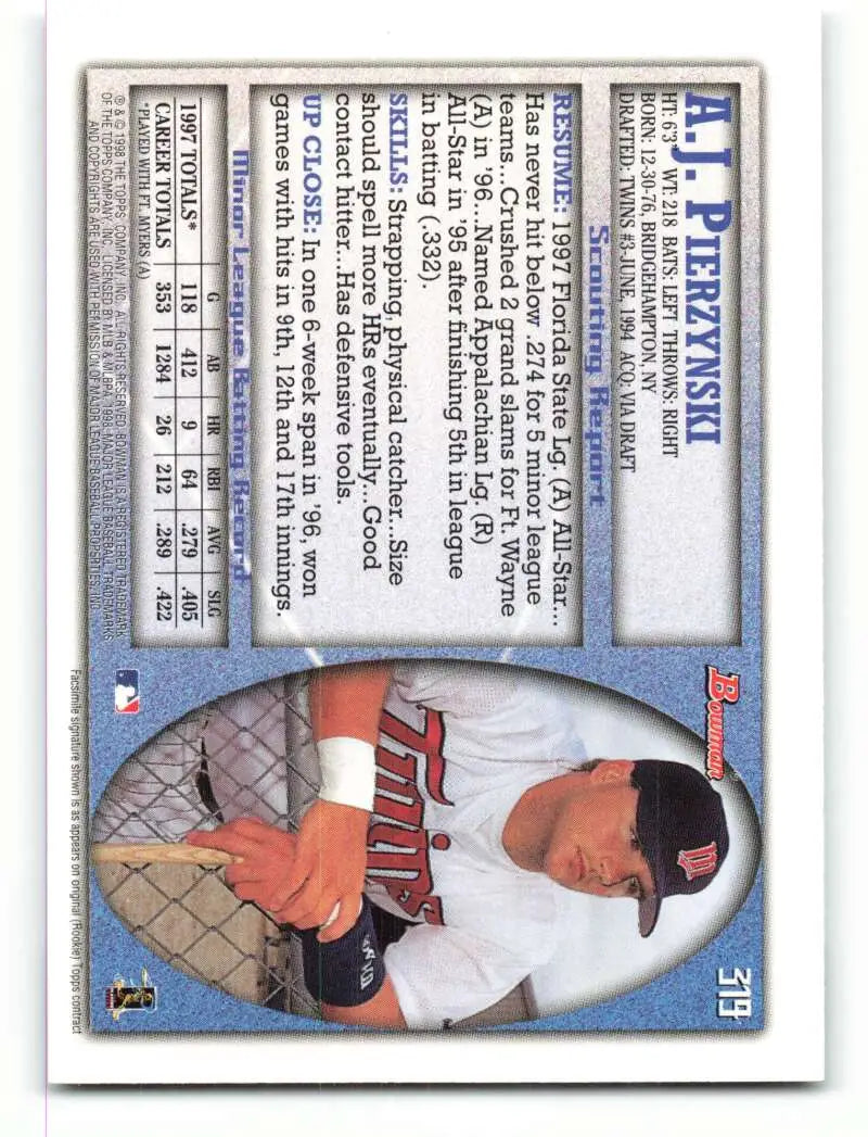 1998 Bowman #319 A.J. Pierzynski EX Excellent Minnesota Twins Baseball Card - Baseball Card Single