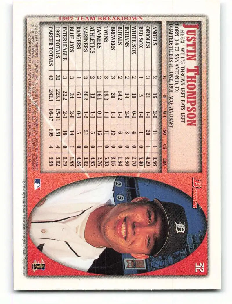 1998 Bowman #32 Justin Thompson EX Excellent Detroit Tigers Baseball Card - Baseball Card Single
