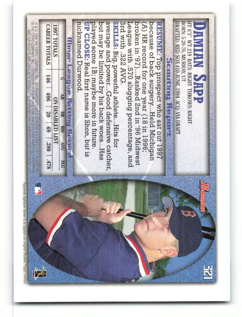 1998 Bowman #321 Damian Sapp EX Excellent Boston Red Sox Baseball Card - Baseball Card Single