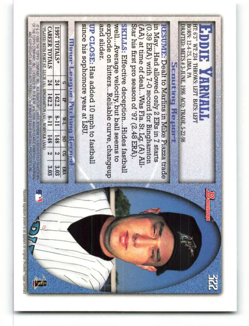 1998 Bowman #322 Ed Yarnall EX Excellent RC Rookie Florida Marlins Baseball Card - Baseball Card Single