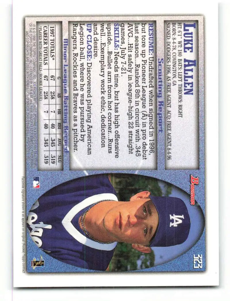 1998 Bowman #323 Luke Allen EX Excellent RC Rookie Los Angeles Dodgers Baseball Card - Baseball Card Single