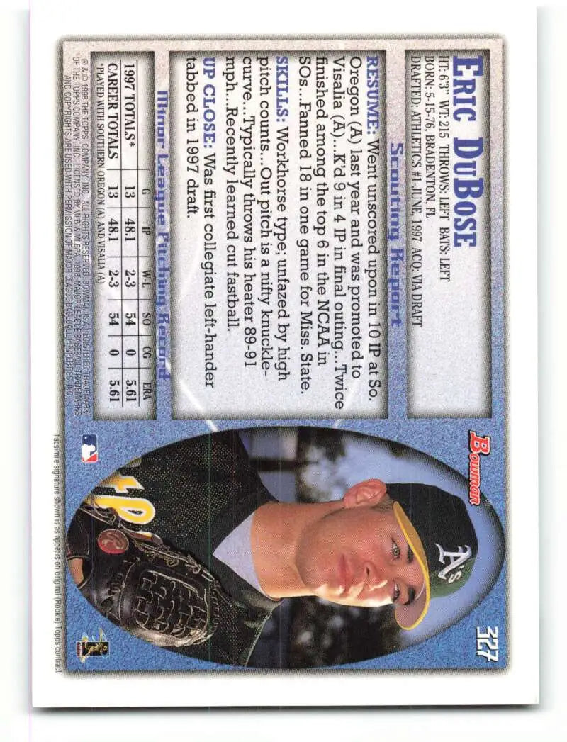 1998 Bowman #327 Eric DuBose EX Excellent RC Rookie Oakland Athletics Baseball Card - Baseball Card Single