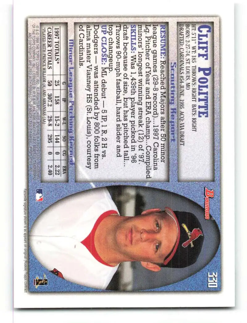 1998 Bowman #330 Cliff Politte EX Excellent St. Louis Cardinals Baseball Card - Baseball Card Single