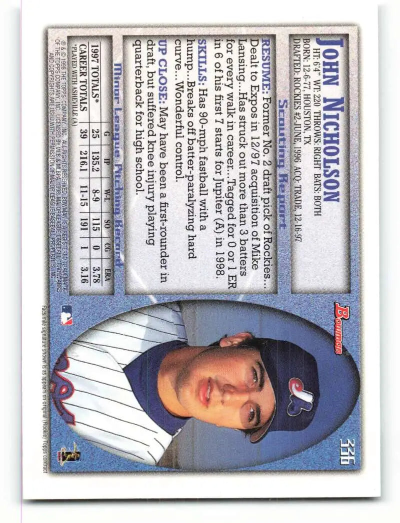 1998 Bowman #336 John Nicholson EX Excellent Montreal Expos Baseball Card - Baseball Card Single