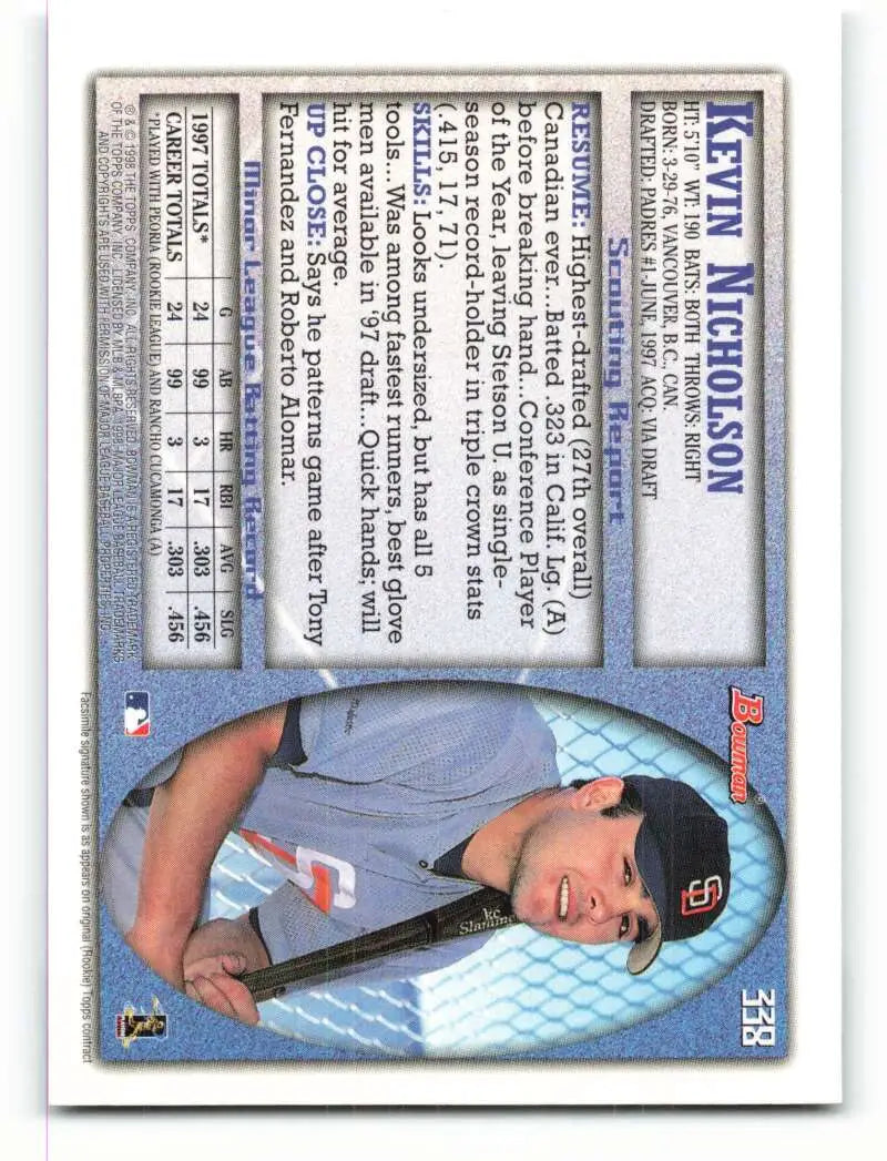 1998 Bowman #338 Kevin Nicholson EX Excellent RC Rookie San Diego Padres Baseball Card - Baseball Card Single