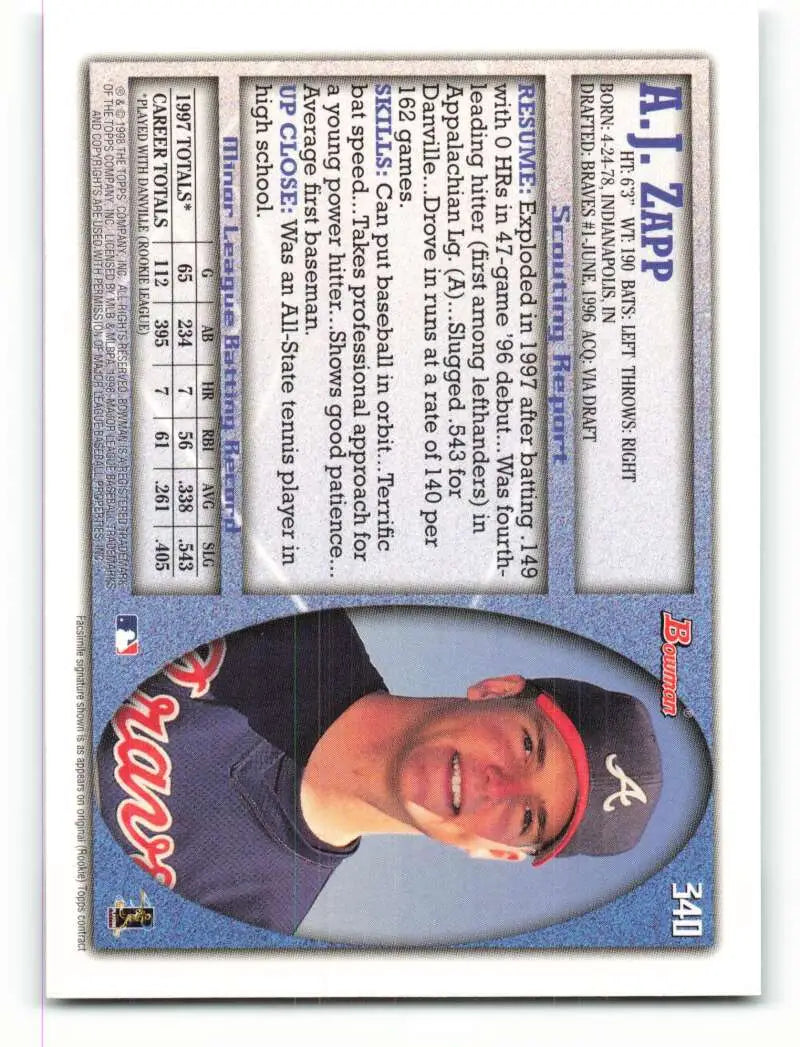 1998 Bowman #340 A.J. Zapp EX Excellent Atlanta Braves Baseball Card - Baseball Card Single