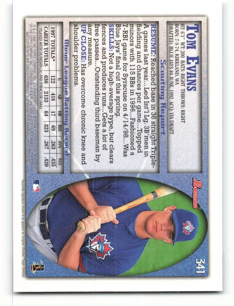 1998 Bowman #341 Tom Evans EX Excellent Toronto Blue Jays Baseball Card - Baseball Card Single