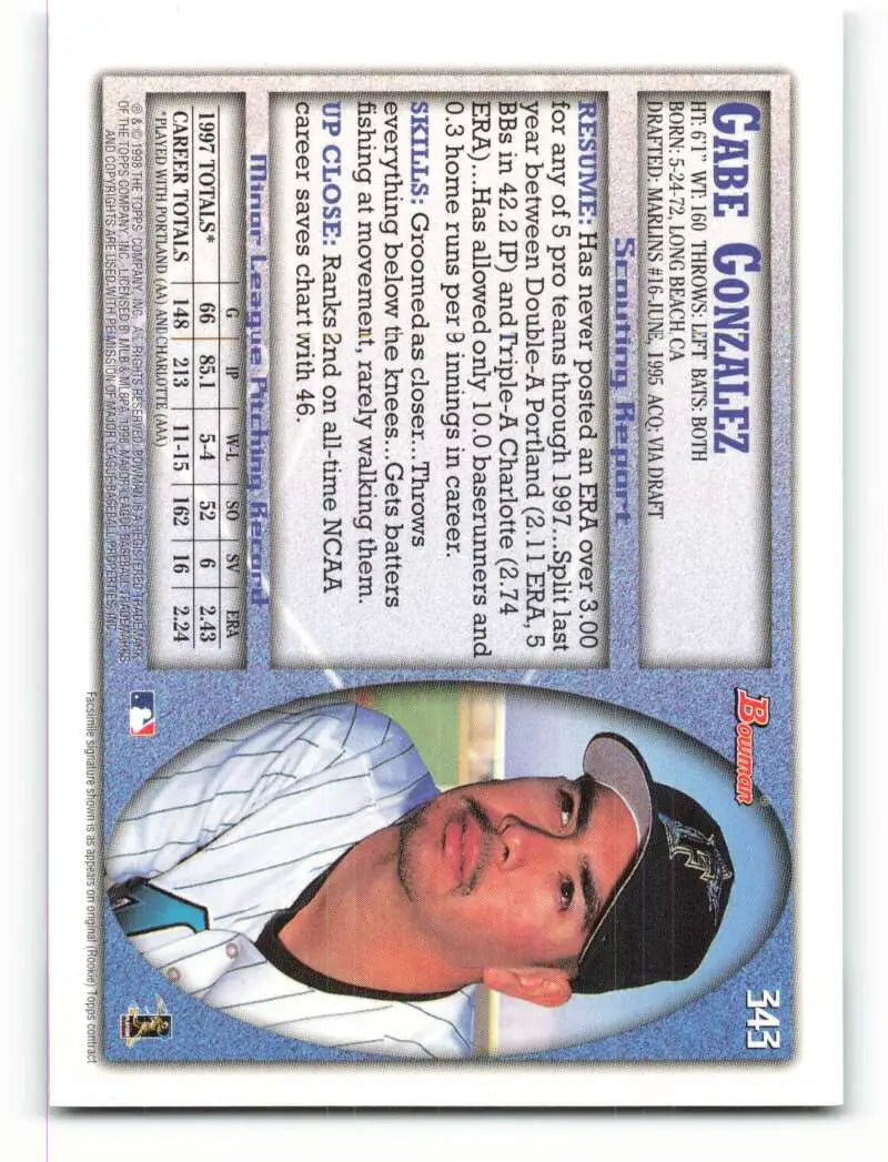 1998 Bowman #343 Gabe Gonzalez EX Excellent RC Rookie Florida Marlins Baseball Card - Baseball Card Single