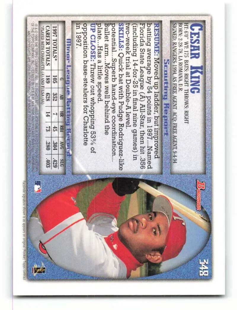 1998 Bowman #348 Cesar King EX Excellent RC Rookie Texas Rangers Baseball Card - Baseball Card Single