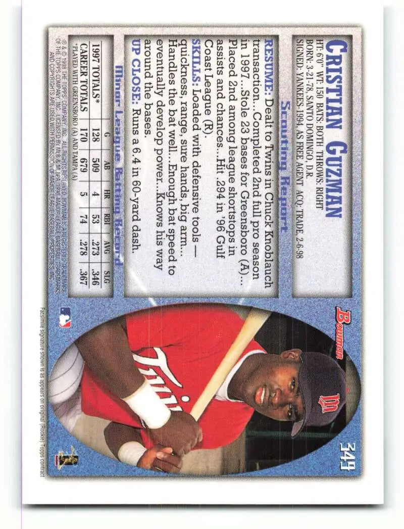 1998 Bowman #349 Cristian Guzman EX Excellent RC Rookie Minnesota Twins Baseball Card - Baseball Card Single