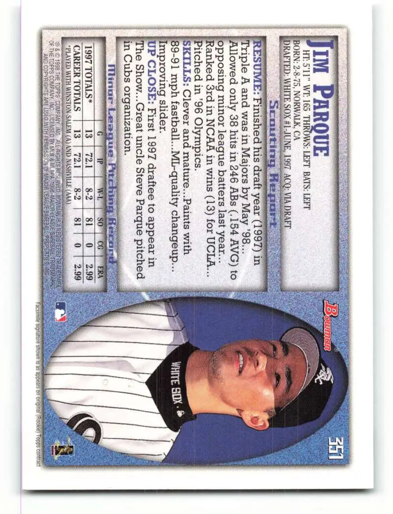 1998 Bowman #351 Jim Parque EX Excellent RC Rookie Chicago White Sox Baseball Card - Baseball Card Single