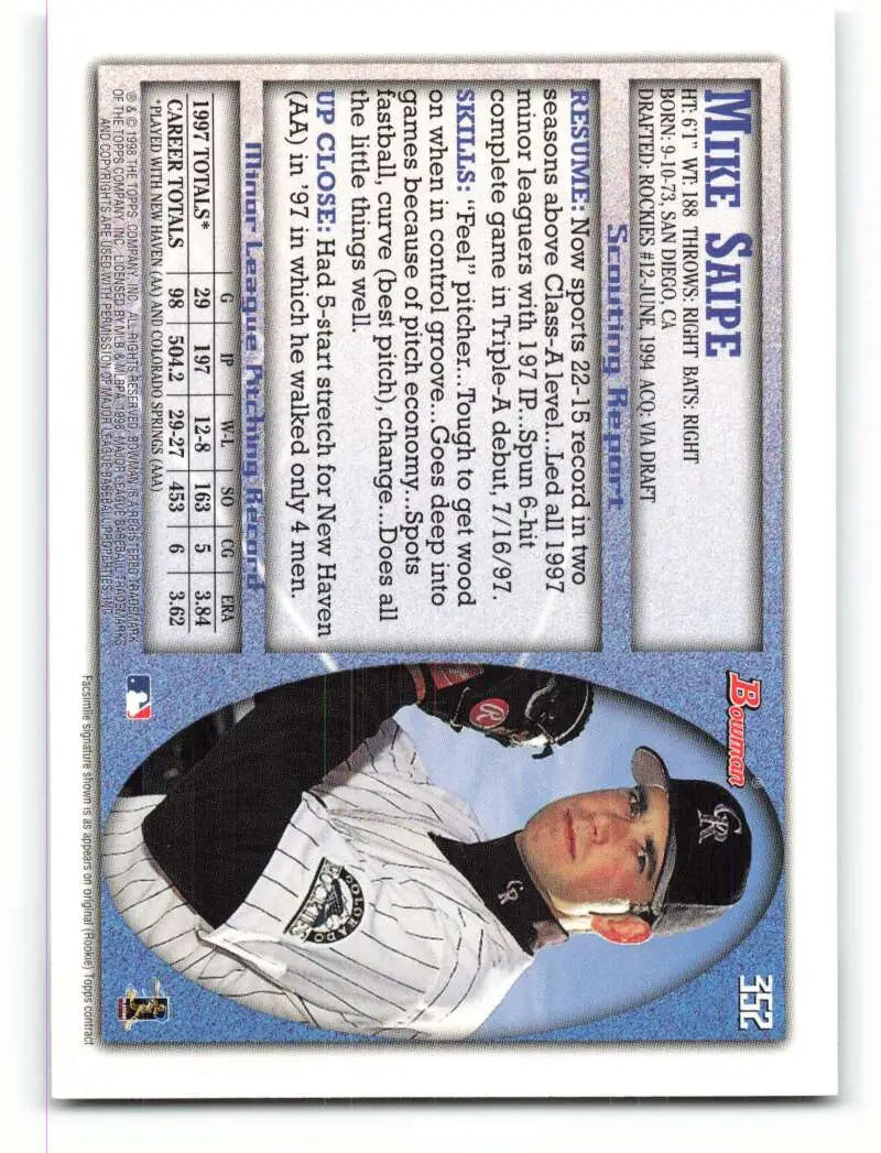 1998 Bowman #352 Mike Saipe EX Excellent RC Rookie Colorado Rockies Baseball Card - Baseball Card Single