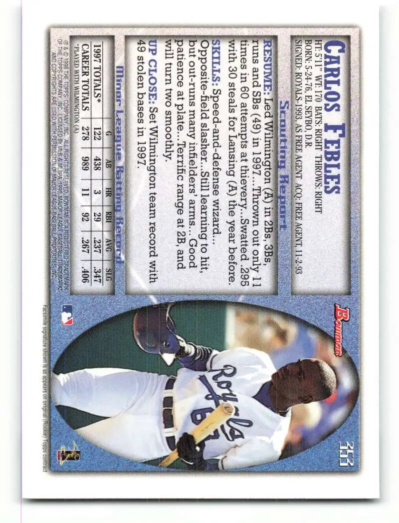 1998 Bowman #353 Carlos Febles EX Excellent RC Rookie Kansas City Royals Baseball Card - Baseball Card Single