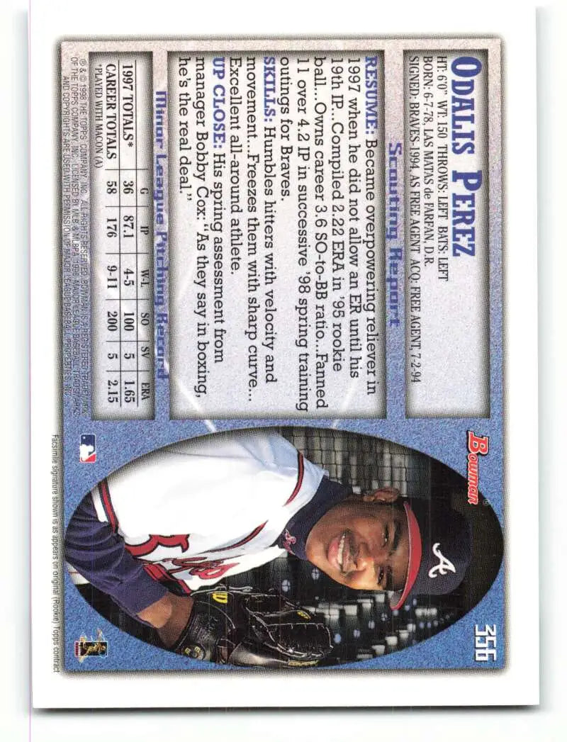 1998 Bowman #356 Odalis Perez EX Excellent RC Rookie Atlanta Braves Baseball Card - Baseball Card Single