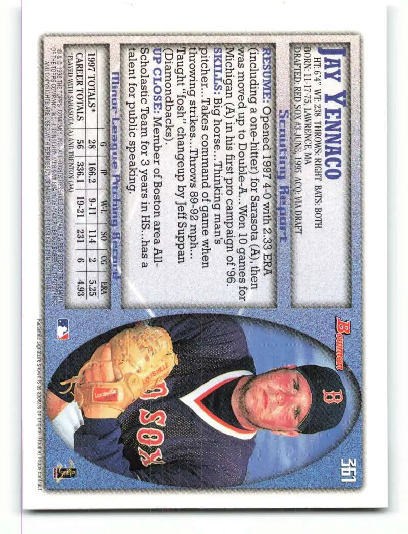 1998 Bowman #361 Jay Yennaco EX Excellent RC Rookie Boston Red Sox Baseball Card - Baseball Card Single