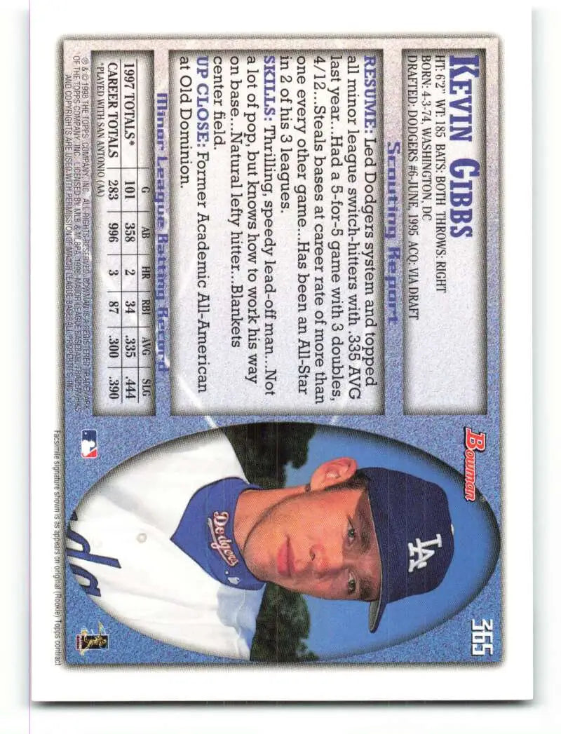 1998 Bowman #365 Kevin Gibbs EX Excellent RC Rookie Los Angeles Dodgers Baseball Card - Baseball Card Single