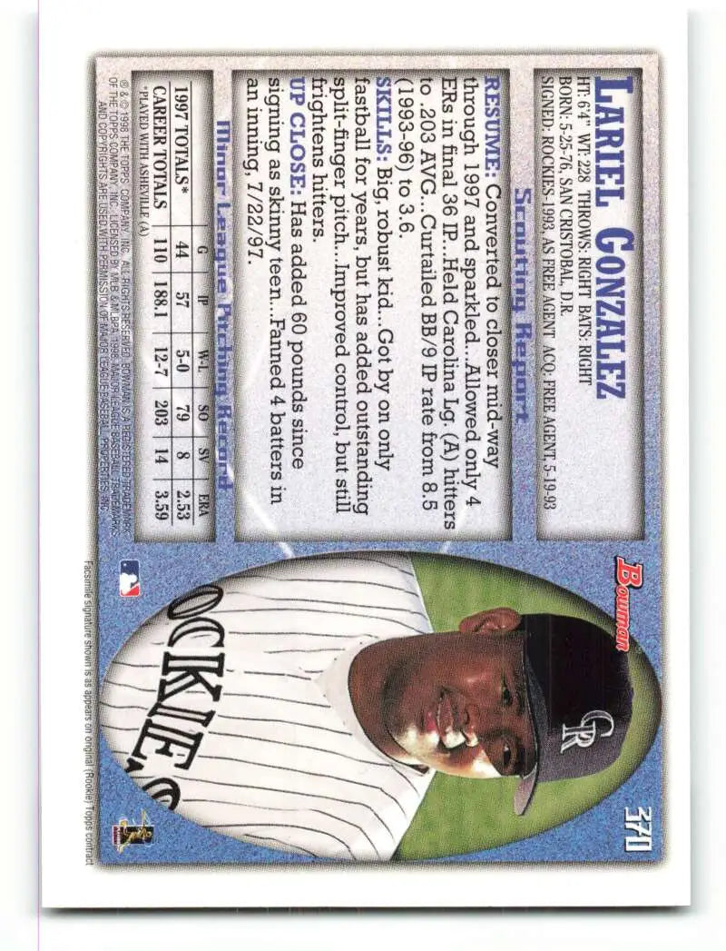 1998 Bowman #370 Lariel Gonzalez EX Excellent RC Rookie Colorado Rockies Baseball Card - Baseball Card Single