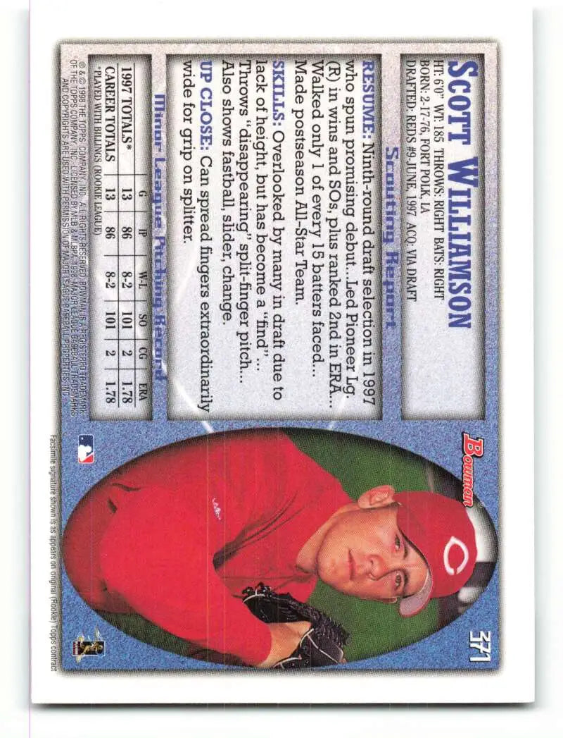 1998 Bowman #371 Scott Williamson EX Excellent RC Rookie Cincinnati Reds Baseball Card - Baseball Card Single
