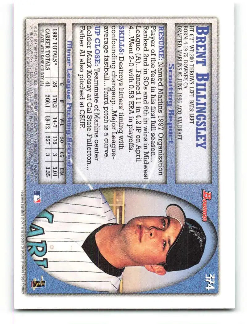 1998 Bowman #374 Brent Billingsley EX Excellent RC Rookie Florida Marlins Baseball Card - Baseball Card Single