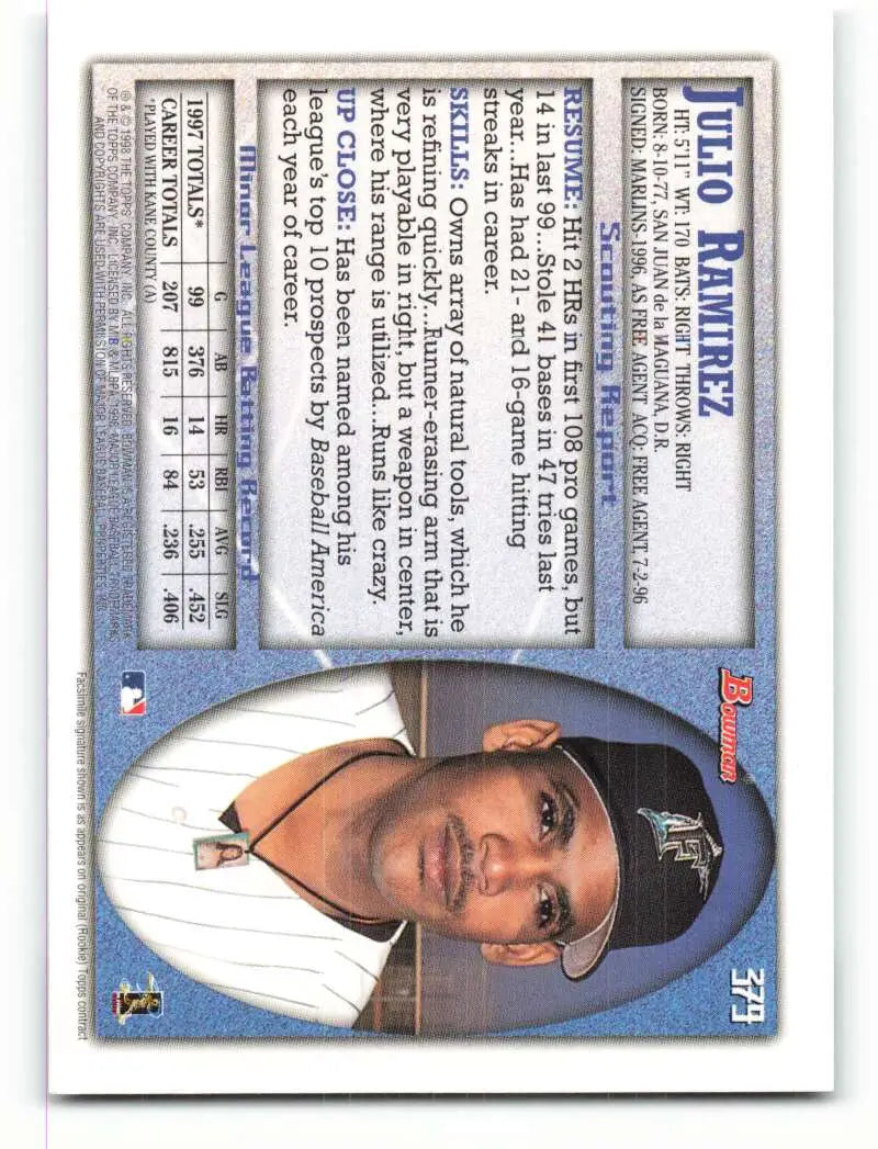 1998 Bowman #379 Julio Ramirez EX Excellent RC Rookie Florida Marlins Baseball Card - Baseball Card Single