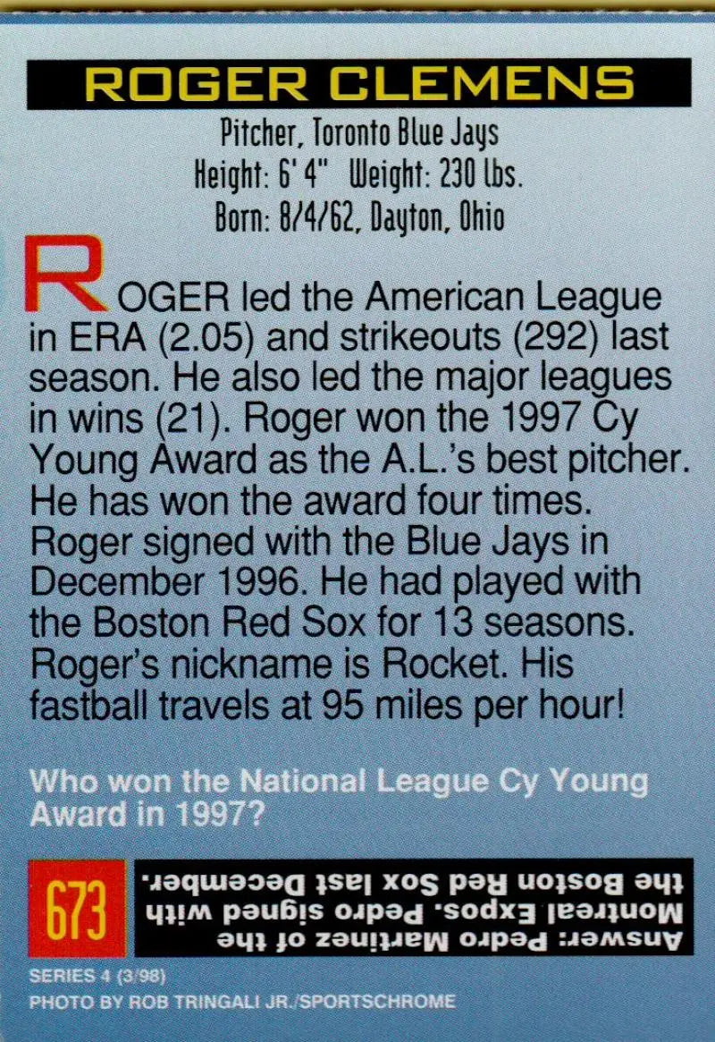 1998 Bowman #38 Roger Clemens EX Excellent Toronto Blue Jays Baseball Card - Baseball Card Single