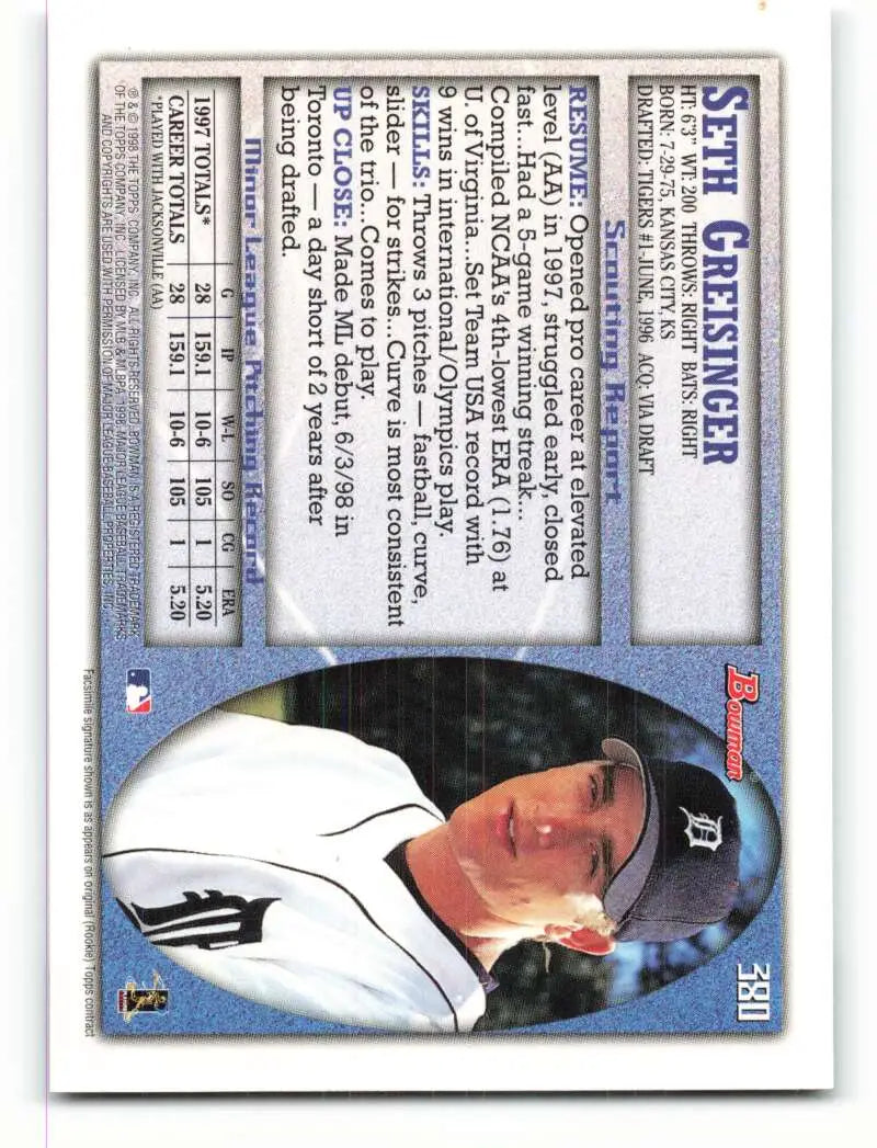 1998 Bowman #380 Seth Greisinger EX Excellent Detroit Tigers Baseball Card - Baseball Card Single