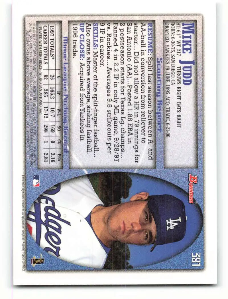 1998 Bowman #381 Mike Judd EX Excellent RC Rookie Los Angeles Dodgers Baseball Card - Baseball Card Single