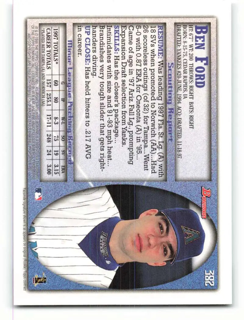1998 Bowman #382 Ben Ford EX Excellent RC Rookie Arizona Diamondbacks Baseball Card - Baseball Card Single