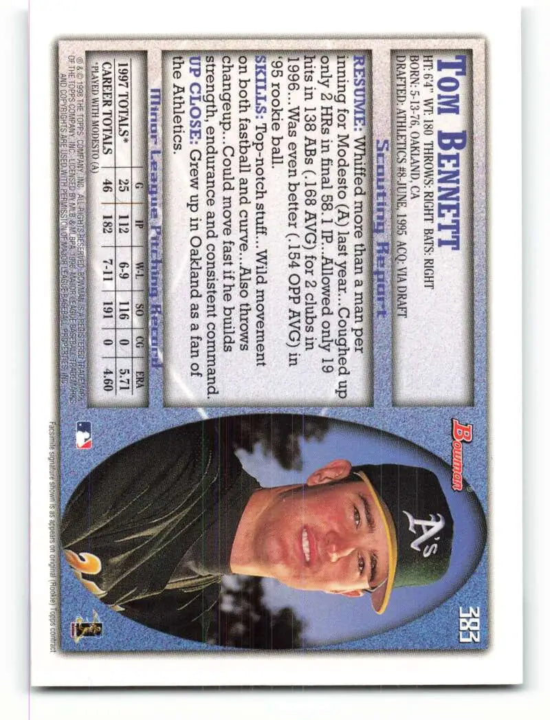 1998 Bowman #383 Tom Bennett EX Excellent RC Rookie Oakland Athletics Baseball Card - Baseball Card Single