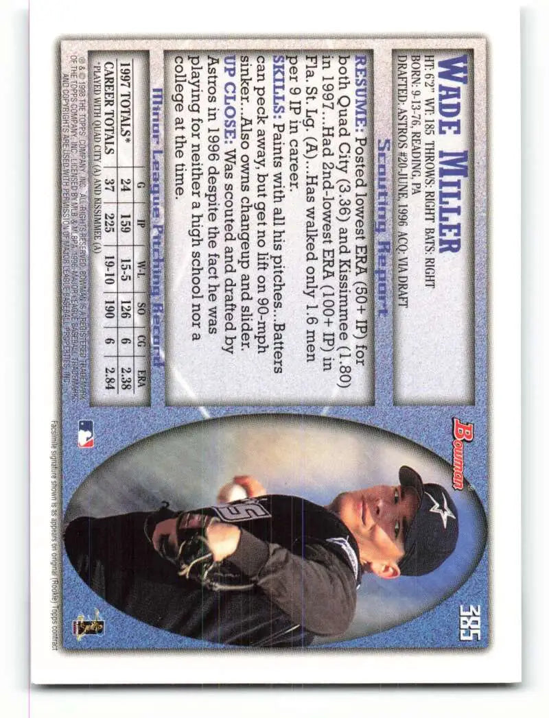 1998 Bowman #385 Wade Miller EX Excellent RC Rookie Houston Astros Baseball Card - Baseball Card Single