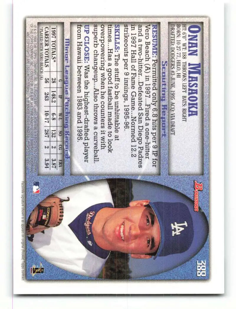 1998 Bowman #388 Onan Masaoka EX Excellent Los Angeles Dodgers Baseball Card - Baseball Card Single
