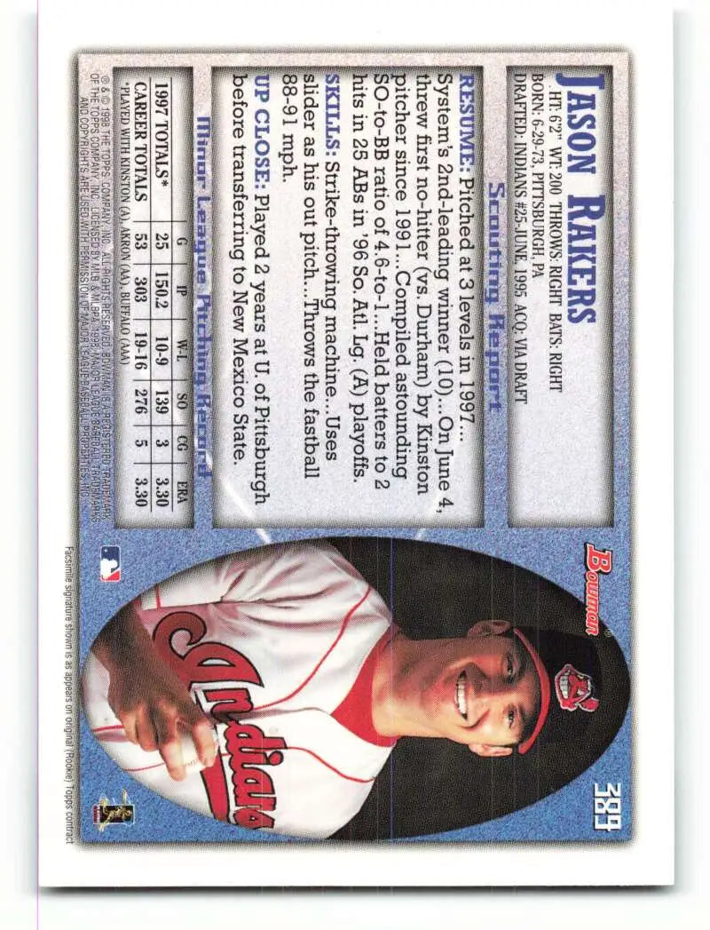 1998 Bowman #389 Jason Rakers EX Excellent RC Rookie Cleveland Indians Baseball Card - Baseball Card Single