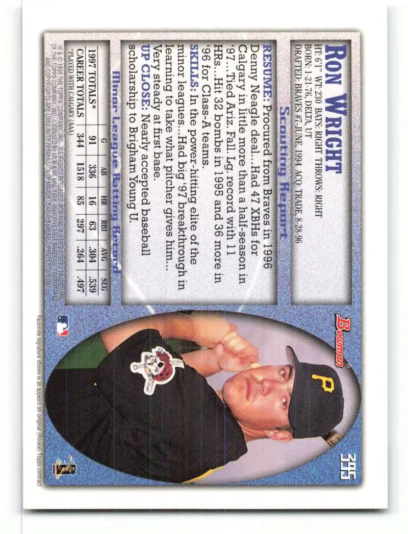 1998 Bowman #395 Ron Wright EX Excellent Pittsburgh Pirates Baseball Card - Baseball Card Single